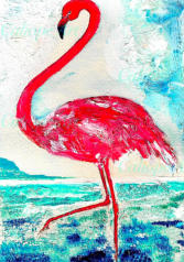 Symbolising enjoyment of the moment, a collage of lace and tissue paper captures this flamboyant bird. It waits patiently on Salt Pan Lakes, Faro; then, with flame-red tickled-pink plumage dancing against the ocean, with graceful power it swoops down.