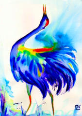 Capturing the dazzling beauty of this crane’s proud display, the swirling dimensional brushstrokes follow the shape of its wings. Rays of sunlight and flurries of feathers create magic, the wings seeming to fly off the paper with its energetic dance.