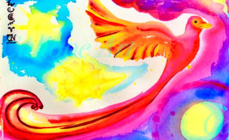 Sun, stars and moon deliberately off-centre, colours evolve and swirl for, blown by the wind, the mythological Firebird transcends Time. It glows with inner radiance, totally trusting the Universe. Pictographic alphabet translates as: “This is who I am.”