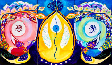 This triptych expresses my gratitude for the Indian philosophy of yoga, and the peace meditation has given me. The panels are silhouetted outlines of India, the peacock, its symbol, connects the two sides. In the middle of each “India” are Ganesha and Om.