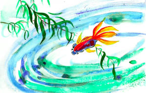 Chinese brushes create the golden red/orange mystery of the goldfish. Stillness suspended, the timelessness of fish in clear light from above is enhanced by sunlit white air bubbling through water, its graceful movements protected and encircled by plants.