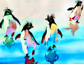 Fun to paint, each penguin in this ice-cold “waddle” has a story. Priscilla struts off - Pandora has got Pablo - Percival stomps off. Pudgy male penguins, who incubate the eggs, have enough fat to survive weeks without eating - so are the most desirable! 