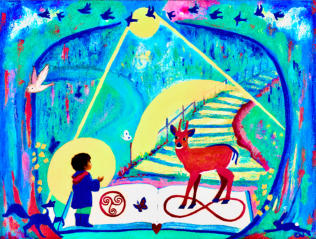 In folklore, woods offer sanctuary: wise guardians appear. A little boy, walking with his father, meets a roe deer at pivotal times which, with fox, hare, owl, (wisdom, security, protection), swallows and butterflies (transformation and hope) guides him.