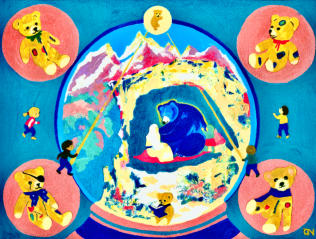 A massive dark-blue bear after a challenging lifetime, practices compassion, patience and love in his mountain cave. Here, protected in a symbolic snow globe, he’s surrounded by beloved teddy bears, iconic images of enduring love, comfort and compassion.