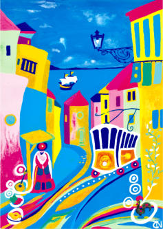 An homage to this ancient Portuguese city, the Tagus winds its way to the sea round houses tilting downwards. My interpretation of Robert Delaunay's “Le Portuguesa” stands opposite iconic cockerels whilst symbolic trams rattle along its cobbled streets